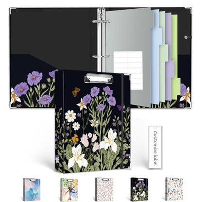 Mini Binder 3 Ring 1 Inch for 5.5"x8.5" Paper, Cute Small Three Ring Binders with Clipboard, 5-Tab Dividers, Spine ID Label Holder, BVSSX A5 Binder with Pen Holder, Black Weeds - color: Black Weeds, size: 1in（5.5"X8.5"）