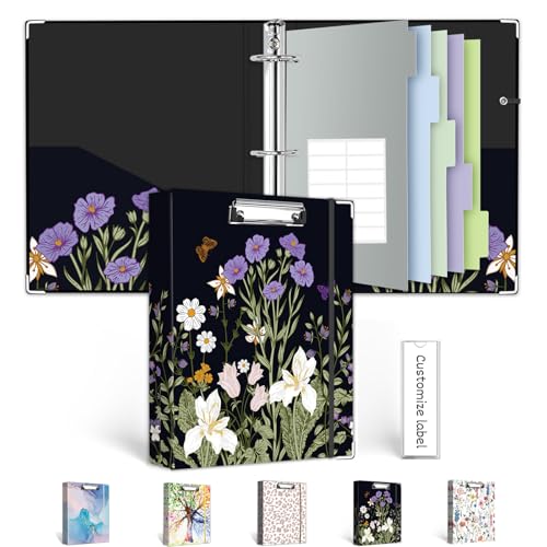 Mini Binder 3 Ring 1 Inch for 5.5"x8.5" Paper, Cute Small Three Ring Binders with Clipboard, 5-Tab Dividers, Spine ID Label Holder, BVSSX A5 Binder with Pen Holder, Black Weeds - color: Black Weeds, size: 1in（5.5"X8.5"）