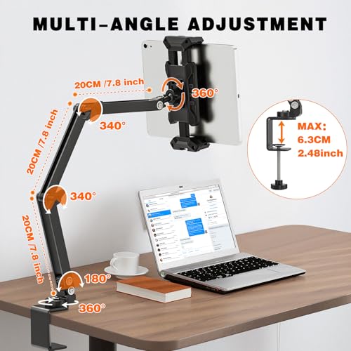 Tablet Stand Holder, iPad Desk Mount with 360°Rotate Base, Adjustable Foldable Sturdy Arm iPad Holder, Metal Clamp for Desktop Table Bed Kitchen, Compatible with 4.7-13.5inch Tablets