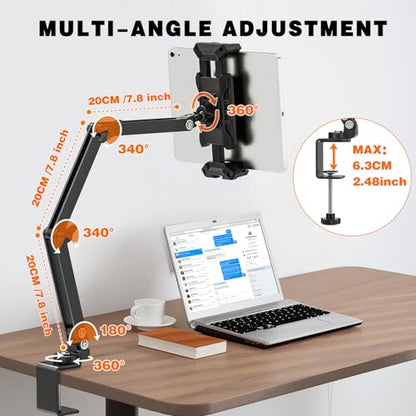 Tablet Stand Holder, iPad Desk Mount with 360°Rotate Base, Adjustable Foldable Sturdy Arm iPad Holder, Metal Clamp for Desktop Table Bed Kitchen, Compatible with 4.7-13.5inch Tablets