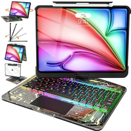 Intermerge for iPad A16 11th (2025) & 10th Generation 10.9" Case with Keyboard, 360 Deg Transparent Multi-Touch Trackpad, 7-Color RGB Keyboard, Pencil Holder, Type-C, Shadow Pulse - color: Shadow Pulse, size: A16 11th(2025)/ 10th 10.9" 2022