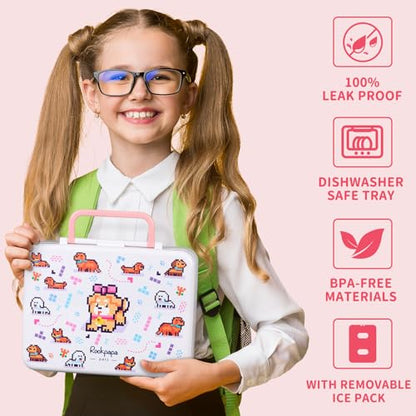 rockpapa Chill Bento Box for Kids- Large 5.5 Cups Lunch Box with Ice Pack - 5 Compartments, BPA-Free, Leak Proof, with Utensils & Portable Handle, Microwave/Dishwasher Safe (White Pets Dog) - color: White Pets Dog