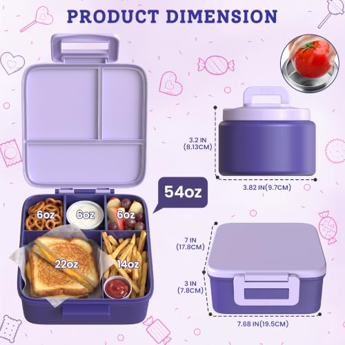 MAISON HUIS Bento Lunch Box with 8oz Soup Thermo, 5-Compartment Leak-Proof Container, Thermo Hot Food Jar and Insulated Lunch Bag, BPA Free,Travel, School (Purple) - color: Purple