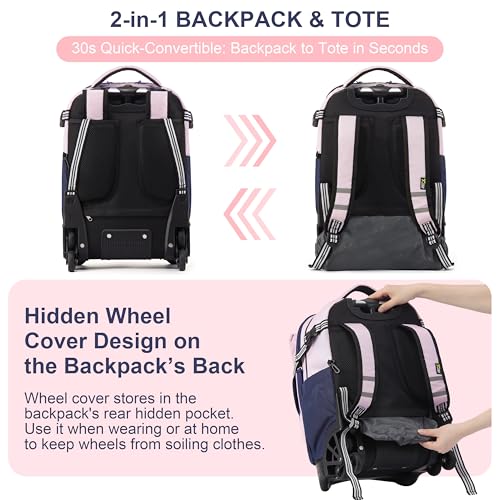 NEW TILAMI 18 Inch Expandable Rolling Backpack with 6-Wheel Stair Climbing, Waterproof Wheeled School Bag with 15.6" Laptop Sleeve for Boys Girls, Carry-on Luggage 98cm Dual-Height Handle - Pink - color: Pink