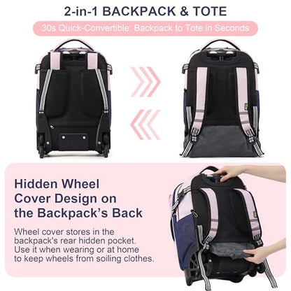 NEW TILAMI 18 Inch Expandable Rolling Backpack with 6-Wheel Stair Climbing, Waterproof Wheeled School Bag with 15.6" Laptop Sleeve for Boys Girls, Carry-on Luggage 98cm Dual-Height Handle - Pink - color: Pink