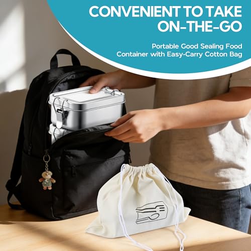 E-far Stainless Steel Lunch Box, 49oz Metal Bento Box Lunchbox w/Leak Proof Lid, 1400ml Medium Food Container w/Removable Divider & Bag, Reusable 3-Compartment Bento Lunch Container for Camping Picnic - size: 1400ML + Cloth bag