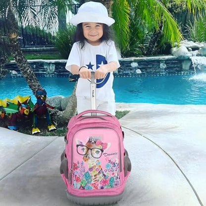 Tilami Rolling Backpack for Kids 18 Inch Wheeled Bookbag for Boys & Girls for School & Travel,Giraffe pink - color: Giraffe Pink
