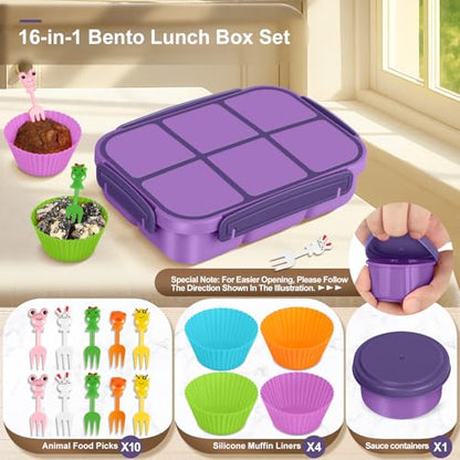 Amathley Lunch Box Kids Girls Boys,Bento Box Adult,Toddler Lunch Containers for School,Leakproof Snack Containers with 6 Compartments,Sauce Container,10 Food Picks and 4 Muffin Cups (Purple) - color: Purple