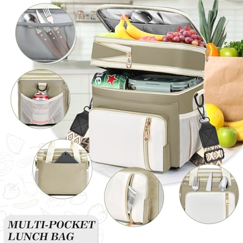 LOKASS Lunch Box for Women/Men-16L-Insulated Lunch Bag, Expandable Double-layer Leakproof Cooler Bag with Upgrade Adjustable Shoulder Strap Ideal for Work/Travel/Picnics（Beige&White） - color: Beige