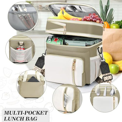 LOKASS Lunch Box for Women/Men-16L-Insulated Lunch Bag, Expandable Double-layer Leakproof Cooler Bag with Upgrade Adjustable Shoulder Strap Ideal for Work/Travel/Picnics（Beige&White） - color: Beige