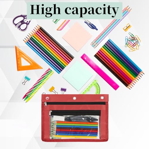 YoeeJob 2 Pack 1 Inch Expandable Zipper Pencil Pouches with Clear Window for 3 Ring Binder, Suitable for School & Office（Red） - color: Red