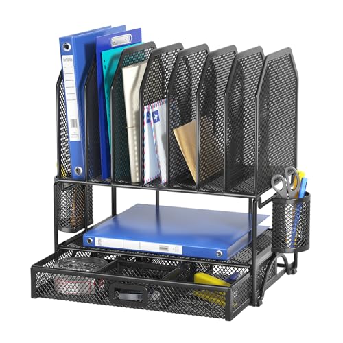 FANXIYQ Metal Desk Organizer with Sliding Drawer, 7-Section File Organizer for Desk, Desktop File Folder & Paper Organizer with 2 Hanging Pen Holders, Office Supplies Organizer, Black - color: Black