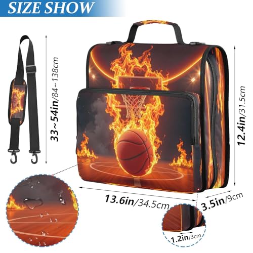 ALAZA Zipper Binder 3 Ring Basketball Fire Flame Binder Organizer with Zipper and Shoulder Strap Large Capacity Multi-Pocket Trapper Keeper File Folder for Office Supplies