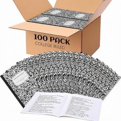 Fainne 100 Pack College Ruled Composition Notebooks B5 Composition Book Bulk 7.5 x 9.8 Inch 50 Sheets/ 100 Pages Marble Cover Journal Notebooks for College Office Back to School Supplies(Black) - color: Black