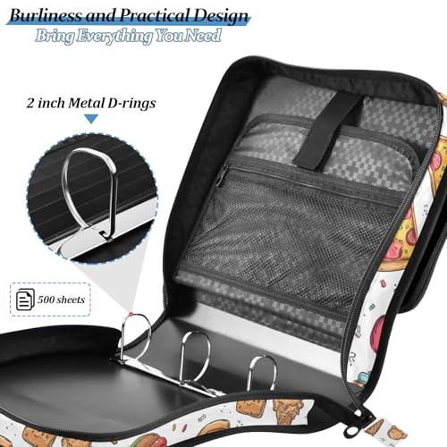 Fast Food Pizza 3 D-Ring 2 inch Zipper Binder Bag with Shoulder Strap, Multi-Pocket Portfolio Organizer Case for 13 Inch Laptop Middle School - color: Fast Food Pizza