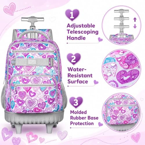 3pcs Rolling Backpack for Girls, 19 Inche Adult Bag with Roller Wheels, Wheeled Bookbag Set for Women - PinkGrey - color: Love Pinkgrey