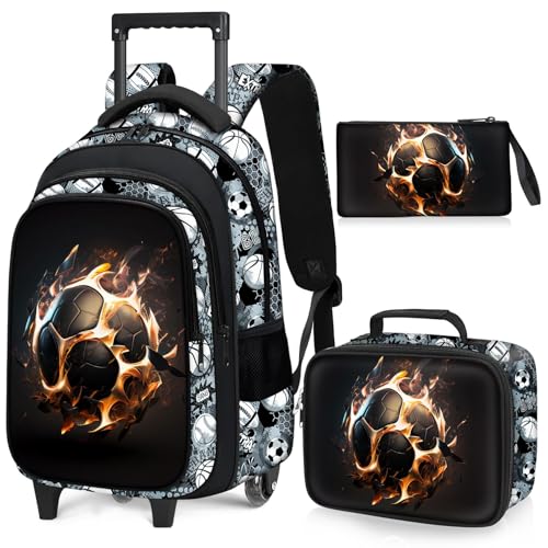 Soccer Rolling Backpack for Boys - 3PCS Boys Rolling Backpack with Lunch Box Set for Kids Children Teens Elementary Middle School,Sport Roller Bookbag with Wheels for Age 6-18 - color: Soccer-002-backpack Set