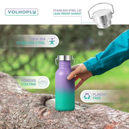 Volhoply 20oz Uninsulated Single Walled Water Bottle, Stainless Steel Reusable Water Bottles with Handle & Carabiner, BPA Free 18/8 304 Sports Water Bottles for Camping Hiking（Purple Green,1） - color: Purple Green