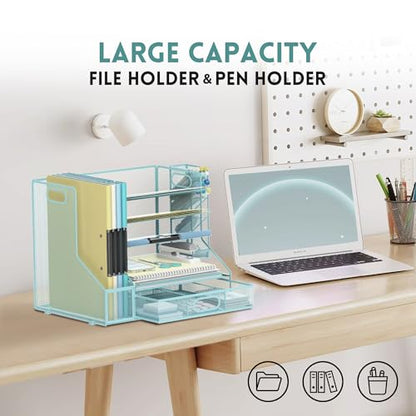 5-Tier Desk Organizer with File Holder & Pen Holder & Sliding Drawer, Blue | Mesh Metal Paper Letter Tray for Papers, Mail, Office Supplies, and Desk Accessories - color: Blue