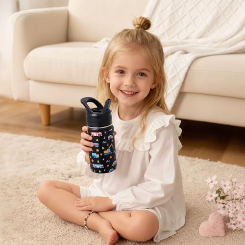 14 Oz Kids Water Bottle, Stainless Steel Water Bottle with Straws, Leak-Proof, BPA-Free, Insulated Water Bottles for School Boys & Girls|Black Car - color: Black cartoon car