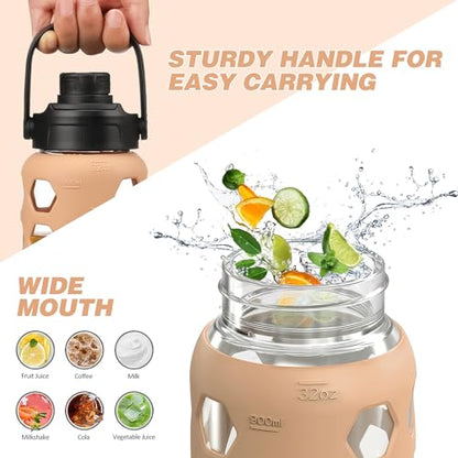 MUKOKO Glass Water Bottle, 32oz, Amber | Glass Tumbler with Straw, Drinking Bottles with 2 Lids-Handle Spout Lid & Bamboo Straw Lid, Silicone Sleeve, 1 Pack - color: Amber, size: 32 Ounces