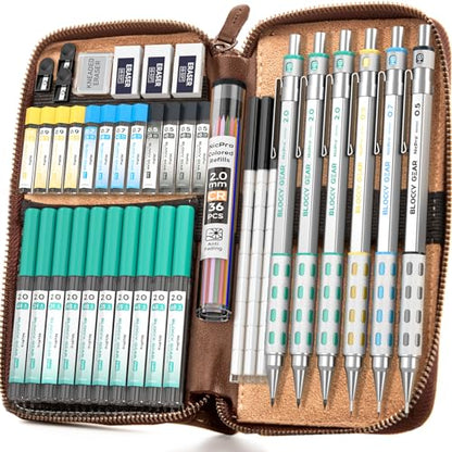 Nicpro 30PCS Black Metal Mechanical Pencil Set in Leather Case Blocky Gear 40PCS Metal Mechanical Pencil Set in Leather Case
