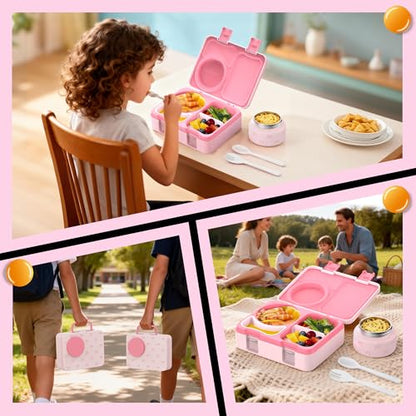 Kids Lunch Box with Thermo, Leakproof Bento Box for Kids with 8OZ Insulated Food Jar, Ice Pack, Sauce Cup, Utensils, Removable Tray & Dividers for School Daycare Travel (Bows) - color: Bows