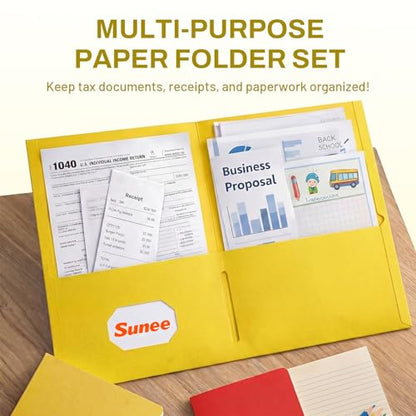 SUNEE Folders with Pockets, 50 Pack File Folders with Business Card Slot, Textured Paper, Fit Letter Size Paper, Paper File Folder for School Office Home Business, Yellow - color: Yellow