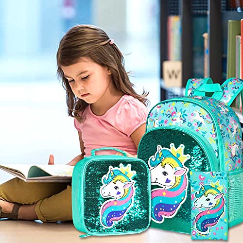gxtvo 3PCS Girls Backpack, 16" Sequin Prechool Elementary Bookbag and Lunch Box - color: Unicorn Green
