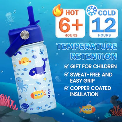 SANDJEST Kids Water Bottle with Straw Lid - 12 Oz Insulated Stainless Steel Ocean Water Bottles for Kid Boys - Travel Cup for School Sports - color: Ocean Animal 1