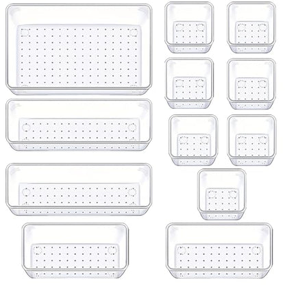 Manalete Drawer Organizers Set of 12, 4 Sizes Clear Plastic Drawer Organizers and Storage Bins for Kitchen, Bathroom, Office, Dresser Desk Drawer Organizer Tray for Jewelry, Makeup, Junk, Gadgets