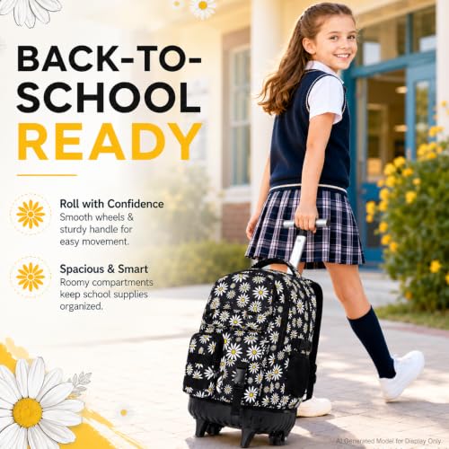 WZLVO 3PCS Wheeled Backpack, Water Resistance Girls Roller Bookbag with Wheels, Women Aesthetic Rolling School Bag Set with Lunch Bag & Pencil Bag for Teens & Kids - Black Chrysanthemum - color: 3pcs Girls Rolling Backpack - Black Chrysanthemum