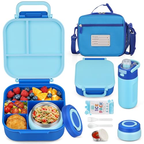 Itslife Bento Box for Kids Set, Insulated Food Container,Kids Lunch Box, 7 oz Thermos for Hot Food, 12 oz Thermos Water Bottle, Reusable Insulated Ice Bag & Fork Spoon Utensils Camping Travel Blue - color: Blue