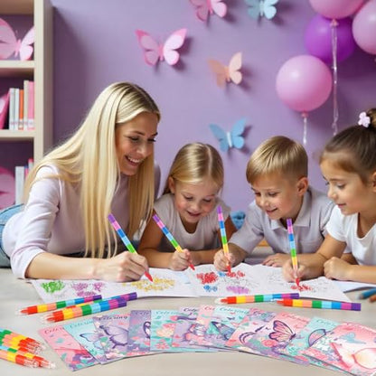 BenLouis 24 Butterfly Mini Coloring Books Kids with 24 Stacking Crayons Butterfly Theme Party Favors Activity Books Bulk for Kids Spring Fairy Birthday Goodie Bag Gift Stuffer Classroom Reward - style: Butterfly