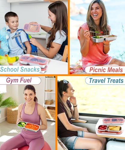 KTKUDY 5 Pack Stainless Steel Snack Containers for Kids & Adults - Large - Leek Proof Metal Bento Lunch Box with 2 Compartment for Daycare, School, Work, Travel - Stackable Snack Bento Box - size: 5 Pack-2 Sections