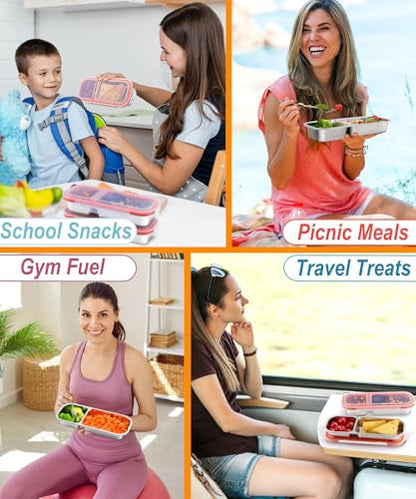 KTKUDY 5 Pack Stainless Steel Snack Containers for Kids & Adults - Large - Leek Proof Metal Bento Lunch Box with 2 Compartment for Daycare, School, Work, Travel - Stackable Snack Bento Box - size: 5 Pack-2 Sections