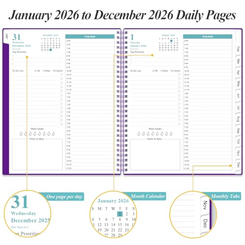 Daily Planner 2026 Full Page Per Day- 2026 Daily & Monthly Planner from January 2026 to December 2026, Day Planner 2026 with 12 Months Tabs, 8.5" x 11", Purple - color: Purple, size: 8.5" x 11"