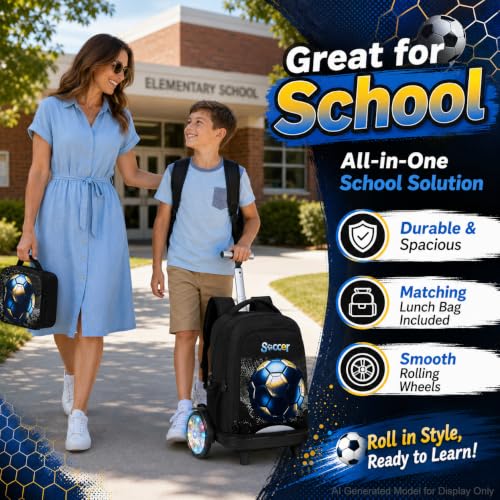 AGSDON Quiet Rolling Backpack with Lunch Box Set – Large Luminous Wheel Water‑Resistant Wheeled Bag for School, Outings, and Travel | Black Gold Soccer 3‑Piece Organizer Backpack - color: Large Luminous Wheel Rolling Black Gold Soccer