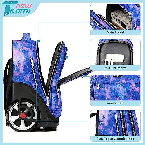 NEW TILAMI 19 inch Rolling Backpack Teens Rolling Backpack Cute Wheeled Laptop Backpack Bookbag Roller Travel Bag College, Star Violet - color: Purple Star Violet