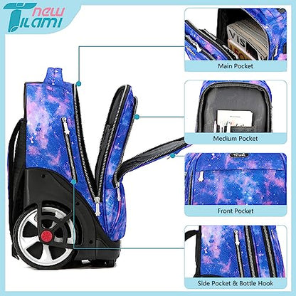 NEW TILAMI 19 inch Rolling Backpack Teens Rolling Backpack Cute Wheeled Laptop Backpack Bookbag Roller Travel Bag College, Star Violet - color: Purple Star Violet