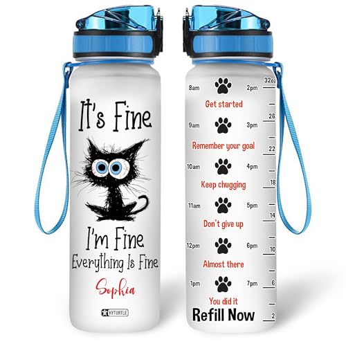 Hyturtle Personalized Black Cat Water Bottle - 32oz Motivational Water Bottle with Leak-Proof Lid & Time Marker - Custom Name Gift for Black Cat Lovers, Women, Girls - Birthday & Christmas Gift - color: Cat