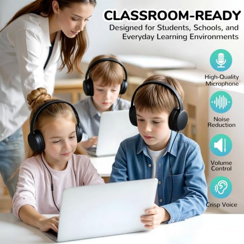 2 Pack Kids Headphones with Microphone for Classroom School, Durable Wired On-Ear Headset Class Set for Students Tablet Laptop PC & Boys Girls (HY30, 2Black)