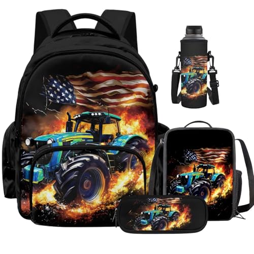 American Flag Tractor Backpack for Boys Girls Kids Backpack with Lunch Box Water Bottle Pouch and Zipper Pencil Case 4PCS Set Bookbag with Pockets for School 17 inch Large School Bag - color: American Flag Tractor