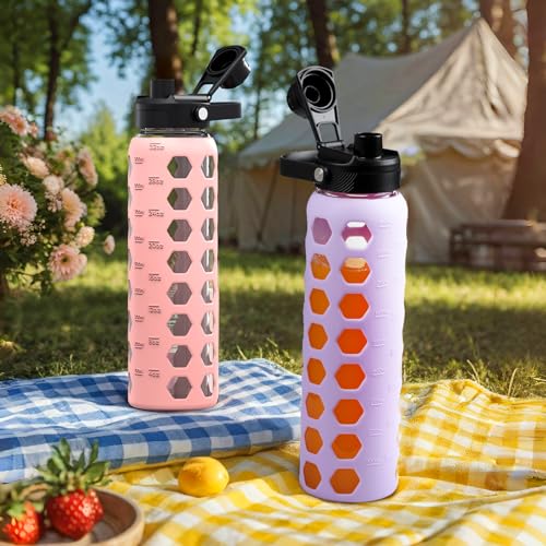 MUKOKO Glass Water Bottle, 32oz, Purple | Glass Tumbler with Straw, Drinking Bottles with 2 Lids-Handle Spout Lid & Bamboo Straw Lid, Silicone Sleeve, 1 Pack - color: Purple, size: 32 Ounces