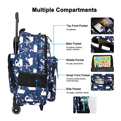 Tilami Rolling Backpack 18 inch Double Handle with Lunch Bag Wheeled Kids Backpack, Swan Blue - color: Swan Blue