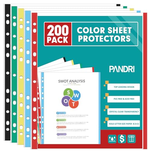 Sheet Protectors, PANDRI 200 Pack Color Heavy Duty Plastic Page Protectors Sheet Reinforced 11-Hole Fit for 3 Ring Binder Fits Standard 8.5 x 11 Paper, 9.25 x 11.25 Top Loaded, Acid Free - size: 200 PACK