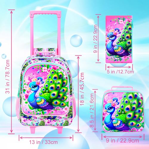 KLFVB Girls Bookbag with Wheels, 3PCS Kids Roller Backpack with Lunch Bag, Wheeled School Bag for Children - Peacock - color: Upgraded UV Printing Peacock Pink Rolling Backpack