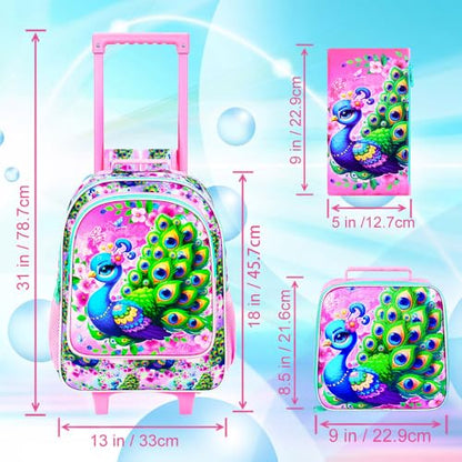 KLFVB Girls Bookbag with Wheels, 3PCS Kids Roller Backpack with Lunch Bag, Wheeled School Bag for Children - Peacock - color: Upgraded UV Printing Peacock Pink Rolling Backpack