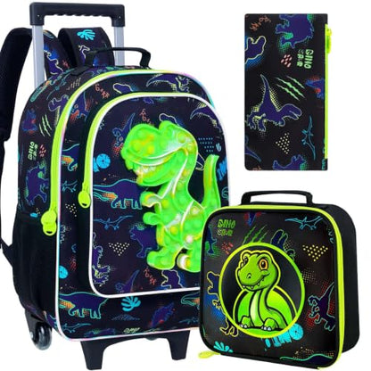 CCJPX 3PCS Dinosaur Rolling Backpack for Boys, 18" Kids Dinosaur Backpacks with Roller Wheels, Wheeled Bookbag with Lunch Box for Toddler Elementary School (Black) - color: Black Green Dinosaur