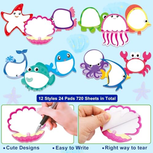 Fancy Land 24 Pads Cute Sticky Notes Cartoon Animal Pattern Sticky Notes for Teachers Classrooms 720 Sheets Memo Pads Teacher Appreciation Gift Home Office Supplies Ocean - style: Ocean